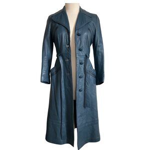 Vintage 1970's Mr. & Mrs. Leather Teal Blue Belted Trench Coat | Real Leather